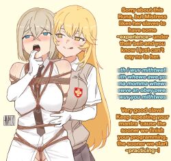  a_certain_scientific_railgun blonde_hair blue_eyes blush bondage caption drool femdom femsub finger_in_mouth finger_sucking girlinworld(manipper) hana_muko heart heart_eyes hypnotized_dom hypnotized_hypnotist manip mantra misaki_shokuhou multiple_girls runa_blackwood school_uniform shibari simple_background sweater symbol_in_eyes text uniform virtual_youtuber yellow_eyes yuri 