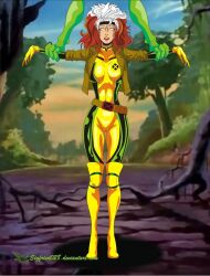 belt boots costume empty_eyes expressionless gloves happy_trance headband jacket knee-high_boots maledom marvel_comics multicolored_hair rogue sauron sigfried028 super_hero western x-men