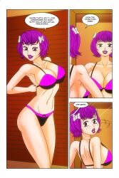  bare_shoulders bow bra cleavage comic dialogue femdom femsub freckles kimberly_smith_(daveyboysmith9) large_breasts lingerie midriff mirror original panties purple_eyes purple_hair purple_lipstick reflection smile story text underwear wadevezecha 