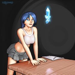  bent_over blue_eyes blue_hair breasts crystal dead_source erect_nipples female_only femsub large_breasts long_hair magic miniskirt open_mouth original skirt sleepymaid solo 