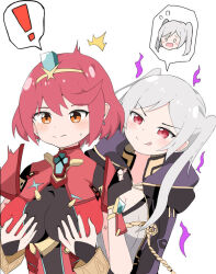 aura aware blush breast_fondling breast_grab breasts cleavage corruption crossover embarrassed evil_smile femsub fingerless_gloves fire_emblem fire_emblem_awakening gloves grima_(fire_emblem_awakening) groping holding_breasts hypnotized_dom landon large_breasts nintendo open_mouth orange_eyes possession pyra_(xenoblade) red_eyes red_hair robin_(fire_emblem_awakening) short_hair smile speech_bubble super_smash_bros. surprised tongue tongue_out twintails white_background white_hair whitewash_eyes xenoblade_chronicles xenoblade_chronicles_2 yuri