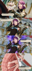 3d absurdres alternate_costume au_ra bare_legs barefoot blue_eyes bottomless clothed costume crown dialogue dress edengpose edenhianne english_text eye_color_change female_only femsub final_fantasy final_fantasy_xiv green_eyes horns hypnotic_accessory hypnotic_clothing possession purple_hair pussy short_hair smile square_enix tail text 