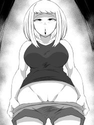 breasts cleavage collarbone female_only femsub greyscale large_breasts milf monochrome open_mouth original pussy shorts simple_background sixth_light surprised sweat tank_top undressing