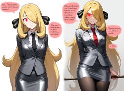 ai_art angry blonde_hair breasts cx9000_(generator) cynthia english_text expressionless glowing_eyes hair_covering_one_eye hair_ornament nintendo pantyhose pokemon pokemon_diamond_pearl_and_platinum red_eyes sequence simple_background skirt suit teacher text tie tight_clothing very_long_hair white_background