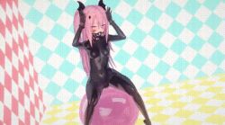  3d animated animated_gif ball_gag bangs blush bodysuit bunny_pose collar face_paint female_only femsub gag god_(artist) hair_ornament happy_trance koikatsu! krul_tepes kuromaru latex living_costume long_hair m.u.g.e.n. pink_hair posing red_eyes rubber seraph_of_the_end sitting small_breasts solo tight_clothing twintails very_long_hair 
