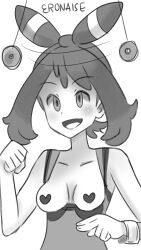 breasts coin empty_eyes eronaise69 femsub greyscale happy_trance heart_pasties may nintendo open_mouth pasties pendulum pokemon pokemon_omega_ruby_and_alpha_sapphire short_hair small_breasts smile solo topless unaware