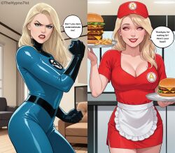 ai_art angry before_and_after blonde_hair blue_eyes clothed dialogue english_text fantastic_four female_only femsub food instant_loss long_hair marvel_comics milf smile solo spiral spiral_eyes susan_storm symbol_in_eyes text thehypno7ist_(generator)