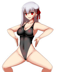  breasts cameltoe cleavage corruption empty_eyes erect_nipples erect_nipples_under_clothes evil_smile eyebrows_visible_through_hair fate/stay_night fate_(series) female_only femsub haigure hair_ribbon leotard long_hair navel nipples red_eyes ribbon sakura_matou sansiki03 see-through smile solo spread_legs squatting tight_clothing white_background white_hair 