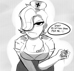 cleavage femdom greyscale hat leaning_forward looking_at_viewer mercy nurse overwatch pocket_watch pov pov_sub sixxxoh text