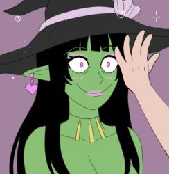  animated animated_gif black_hair blush bottomless cleavage earrings ego_(toxxie) elf_ears femsub green_skin happy_trance hat jewelry long_hair necklace nude original plsgts shrunken_irises smile solo topless witch witch_hat 