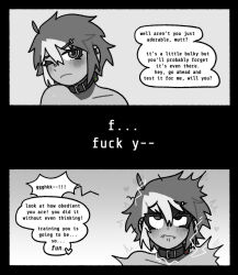 ahoge bare_shoulders collar collarbone comic dark_skin earrings electricity fangs farah_reyes female_only femsub hairpin happy_trance heart looking_at_viewer mind_break multicolored_hair of_the_devil one_eye_open pet_play realishangel short_hair simple_background text