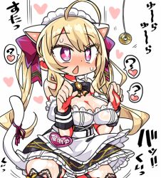  ahoge blonde_hair blush breasts cat_girl cleavage coin confused dead_source female_only femsub hair_ornament heart heart_eyes kanikama large_breasts long_hair maid maid_headdress nijisanji open_mouth pendulum purple_eyes rion_takamiya skirt solo sweat symbol_in_eyes text twintails unaware virtual_youtuber 