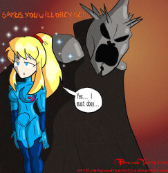 blonde_hair blue_eyes bodysuit breasts brokenteapot dazed dialogue empty_eyes femsub large_breasts latex legs long_hair maledom metroid_(series) nintendo ponytail samus_aran sparkle text the_lord_of_the_rings witch_king_of_angmar zero_suit