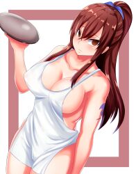 apron bottomless breasts cleavage empty_eyes erza_scarlet fairy_tail female_only femsub icontrol_(manipper) large_breasts long_hair looking_at_viewer manip naked_apron ponytail red_hair silence solo