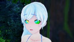 3d bikini blue_eyes breasts cleavage coils confused disney kaa kaa_eyes large_breasts leaning_forward leopard_print lipstick long_hair makeup mmd mrkoiru open_mouth outdoors pale_skin ponytail rwby silver_hair sitting snake the_jungle_book trees weiss_schnee