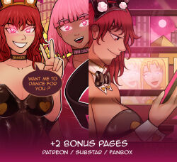  bow bow_tie breasts bunny_ears bunnysuit cleavage collarbone english_text erect_nipples erect_nipples_under_clothes eyebrows_visible_through_hair femsub fetishabyss glowing glowing_eyes happy_trance heart_eyes heart_pasties hypnotic_clothing looking_at_viewer multiple_girls multiple_subs nipples open_mouth original pasties pink_hair pov preview smile symbol_in_eyes tech_control text tie v 