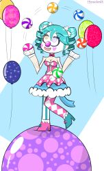  balloon blue_hair bow bow_tie breasts claire_(sephirothkefka) cleavage clown clown_girl corset drill_hair face_paint female_only femsub gloves happy_trance hypnolordx juggling leggings original self_hypnosis signature simple_background skirt smile sparkle spiral_eyes symbol_in_eyes 