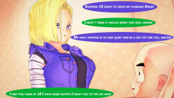  android_18 blonde_hair blue_eyes expressionless femsub krillin lovedeath39 maledom remote_control standing_at_attention 