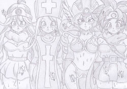 banshou bikini_armor breasts circlet clothed defeated dragon_quest_(series) dragon_quest_iii earrings empty_eyes expressionless female_only femsub greyscale hat helmet hero_(dragon_quest_iii) large_breasts long_hair midriff monochrome multiple_girls multiple_subs open_mouth orgasm priest_(dragon_quest_iii) pussy_juice sage_(dragon_quest_iii) short_hair simple_background skirt sweat traditional warrior_(dragon_quest_iii)