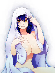  alternate_costume aura bare_shoulders blue_hair breasts corruption evil_smile eye_color_change femsub happy_trance large_breasts long_hair loup-garou midriff navel possession qwaser_of_gold smile the_qwaser_of_stigmata tomo_yamanobe white_background yellow_eyes 
