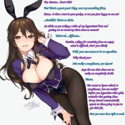  ashigara_(kantai_collection) assertive_sub aware blush breasts brown_hair bunny_ears bunnysuit caption cleavage cradily_(manipper) cuffs empty_eyes fake_animal_ears fangs female_only femsub huge_breasts kantai_collection large_breasts long_hair manip open_mouth pantyhose rokuwata_tomoe spiral_eyes symbol_in_eyes text thigh_gap 