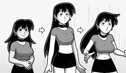 black_hair breasts clothed collar dan_shive earrings el_goonish_shive empty_eyes expressionless greyscale jewelry manip miniskirt rhoda_(el_goonish_shive) skirt small_breasts susan_pompoms transformation very_long_hair