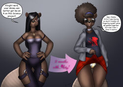 afro bare_legs beaver_girl before_and_after black_hair breasts brown_eyes brown_hair choker collarbone danaume dialogue femsub fingerless_gloves fishnets furry glasses gloves goth gradient_background hair_covering_one_eye hand_on_hip jacket necklace nerd nerdification no_panties open_mouth opera_gloves pussy_juice red_eyes shirt simple_background skirt smile speech_bubble tape text thigh_gap