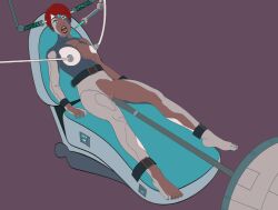  aliearts brain_drain brain_injection drone microchip multicolored_eyes needle open_mouth red_hair restrained robotization tech_control wires 