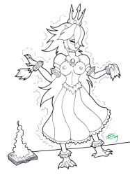 book breast_expansion breasts corruption crown dress femsub greyscale hypnotic_accessory ivanks jewelry koopa large_breasts long_hair magic nintendo princess princess_peach sketch super_mario_bros. topless torn_clothes traditional transformation very_long_hair