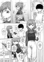  absurdres age_difference altered_common_sense aware before_and_after black_hair breast_grab cell_phone comic dialogue femsub greyscale happy_trance hard_translated kakuni karen_tachibana maledom phone settings_change_app short_hair speech_bubble tech_control text thought_bubble translated 