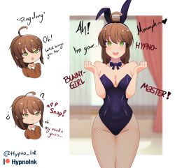  absurdres ahoge bangs brown_hair bunny_ears bunny_girl bunnysuit cleavage collarbone dialogue expressionless eyebrows_visible_through_hair female_only femsub finger_snap fishnets green_eyes happy_trance heart heavy_eyelids hypnoink jacket long_hair maledom misti_rockwell_(lilpenpusher) mole open_mouth original pantyhose ping ponytail ribbon ring_eyes signature smile spiral_eyes standing text trigger 