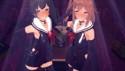 3d bare_shoulders black_hair blacked blush brown_eyes brown_hair collar earrings female_only femsub gloves happy_trance heavy_eyelids kaga_(kantai_collection) kaints kantai_collection koikatsu! large_breasts looking_at_viewer multiple_girls multiple_subs opera_gloves qos rubber saratoga_(kantai_collection) side_ponytail skirt smile thighhighs