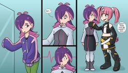  comic coral_(pokemon) corruption dialogue dot_(pokemon) empty_eyes enemy_conversion female_only femdom femsub mr.h nintendo pink_eyes pink_hair pokemon pokemon_horizons purple_eyes purple_hair text uniform yuri 