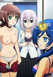 ai_art asaka_narumi belt blue_eyes blue_hair bra brown_hair cardfight!!_vanguard choker earrings expressionless green_eyes grey_hair hellsing002_(generator) misaki_tokura nipples panties pendulum shorts spiral_eyes undressing yuri_usui