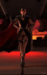 3d bare_shoulders black_lipstick boots brown_hair cape corruption crown female_only femdom jewelry lipstick looking_at_viewer orange_eyes rey_(star_wars) short_hair solo standing star_wars thighs thong wildynsfw