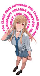  blonde_hair choker earrings eyeshadow girlinworld(manipper) glowing_eyes gyaru happy_trance leaning_forward leopard_print long_hair looking_at_viewer manip marin_kitagawa mibu_natsuki my_dress-up_darling pink_eyes school_uniform smile text tie undressing v white_background 