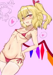 bikini blonde_hair drool fangs female_only femsub flandre_scarlet hand_on_hip happy_trance legion.s looking_at_viewer navel pendulum posing red_eyes side_ponytail simple_background solo spiral_eyes symbol_in_eyes thighhighs touhou wings