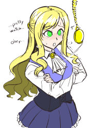  blonde_hair blush breath crossed_arms crossed_eyes dazed denial femsub glowing_eyes green_eyes instant_loss long_hair majinsfw mantra open_mouth original pendulum pocket_watch skirt smug spiral_eyes sweat text veronica_nightingale_(majinsfw) yellow_eyes 