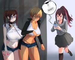  absurdres aware bare_legs before_and_after betrayal blonde_hair body_control breast_expansion breasts collar femdom femsub gina_(jethnoblast) green_eyes gyaru hannah_(jethnoblast) heart_eyes huge_breasts hypnotized_assistant jacket jean_shorts jethnoblast large_breasts leash long_nails multiple_girls nail_polish naomi_(jethnoblast) original phone ponytail resisting school_uniform sexuality_change short_hair shorts skirt smile straight_to_gay symbol_in_eyes tan_skin tears texting twintails unhappy_trance yuri 