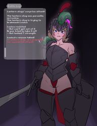  armor gameplay_mechanics kasiri knight muscle_girl original parasite pussy_juice resisting slug_(animal) text 