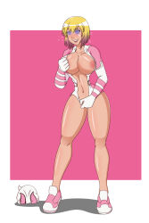 absurdres blonde_hair blush breasts costume dazed dlobo777 drool femsub gwen_poole gwenpool happy_trance large_breasts marvel_comics mask multicolored_hair open_clothes open_mouth open_shirt pink_hair shoes smile super_hero thighs undressing