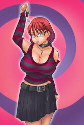 arm_warmers belt breasts clothed collar crystal earrings female_only femdom glasses green_eyes jewelry large_breasts long_hair looking_at_viewer luna_(lunakiri) original otocai pendulum pov pov_sub red_hair skirt spiral tank_top
