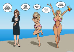 beach before_and_after bikini bimbofication blonde_hair breast_expansion breasts brown_hair comic english_text female_only femsub original sortimid speech_bubble tan_skin text transformation