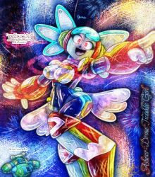  ameerashourdraws armor blue_hair bodysuit breasts capcom complex_background dialogue drone fembot femsub fireworks glowing_eyes hypnotized_hypnotist latex looking_at_viewer megaman_(series) red_eyes robot robot_girl text thighs twinkle_girl 