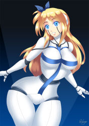  blonde_hair blue_eyes breasts empty_eyes fairy_tail fembot gradient_background hadant large_breasts lucy_heartfilia robotization side_ponytail signature simple_background tech_control thigh_gap 