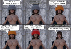 3d bottomless breasts chair comic dialogue dryer_chair female_only femsub helmet large_breasts nude original tech_control text theheckle topless twintails