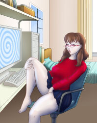  absurdres bare_legs barefoot bed brown_hair chair clothed computer empty_eyes female_only femsub glasses heavy_eyelids hypnolion hypnotic_screen long_hair masturbation monitor nozomi_akemi open_mouth penlight shirt sitting skirt spiral spread_legs sweater 
