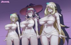 absurdres akame_ga_kill! blonde_hair bracelet breasts control_indicator cynthia develadara earrings empty_eyes erect_nipples_under_clothes expressionless female_only femsub genshin_impact green_eyes grey_eyes hair_covering_one_eye hat jewelry large_breasts leone long_hair magic mona_(genshin_impact) multiple_girls multiple_subs mummy navel nintendo pokemon pokemon_diamond_pearl_and_platinum purple_hair pussy short_hair standing standing_at_attention twintails very_long_hair watermark yellow_eyes