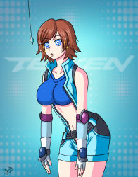 alerith asuka_kazama bandai_namco breasts brown_hair clothed english_text female_only femsub fingerless_gloves gloves leaning_forward midriff navel open_mouth pendulum short_hair shorts solo sparkle spiralwash_eyes standing_at_attention tekken text