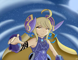 ahoge alternate_costume alternate_eye_color bare_shoulders blonde_hair breasts clothed corruption cygames dragalia_lost dress evil_smile femsub glowing glowing_eyes horns jordanthelass long_hair looking_at_viewer morsayati night nintendo orange_eyes possession royalty smile zethia